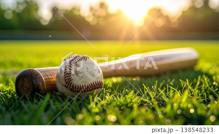 野球バットとボールのクローズアップと芝生の背景 138548233