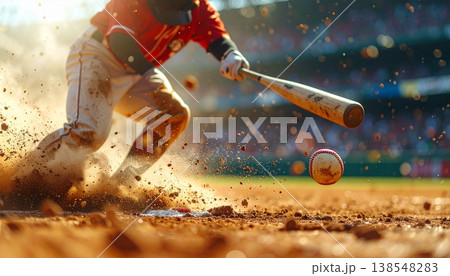 バットがボールに当たる瞬間の野球バッティングシーン 138548283