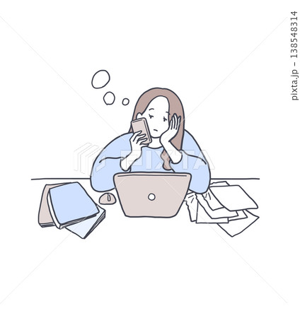 仕事中にスマホをいじるやる気のない女性のイラスト素材 138548314