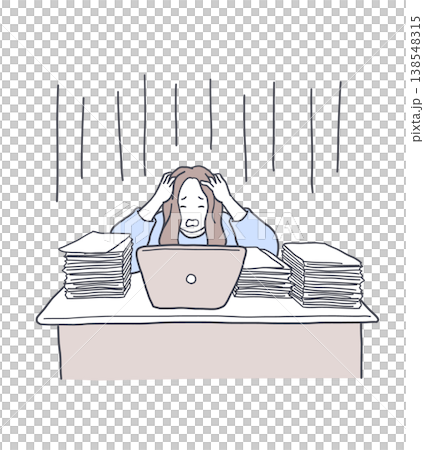 Illustration of a woman holding her head in her hands, overwhelmed by a huge amount of work. Illustration of a woman holding her head in her hands, overwhelmed by a huge amount of work. 138548315