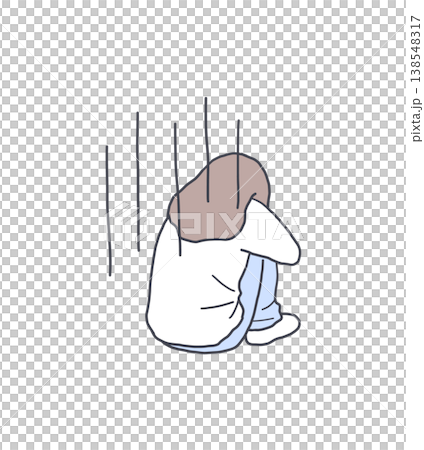 Illustration of a woman sitting with her legs to her chest, looking dejected, from behind. 138548317