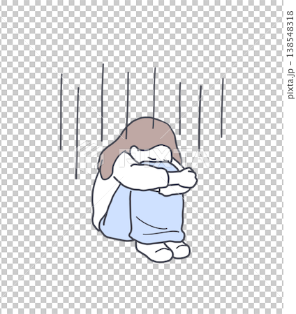 插圖描繪了一位女子蜷縮著身子，雙膝抱在胸前，神情沮喪。 138548318