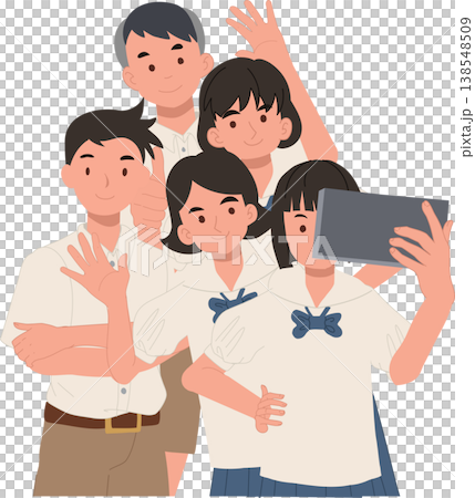 students group selfie asian thai students in school uniform smiling and waving. education concept students group selfie asian thai students in school uniform smiling and waving. education concept 138548509
