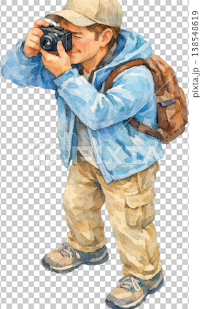 水彩画:カメラを構える男性旅行者 水彩画:カメラを構える男性旅行者 138548619