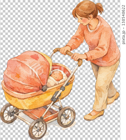 ベビーカーを押す母親と眠る赤ちゃん、穏やかな育児の瞬間(水彩画) ベビーカーを押す母親と眠る赤ちゃん、穏やかな育児の瞬間(水彩画) 138548622