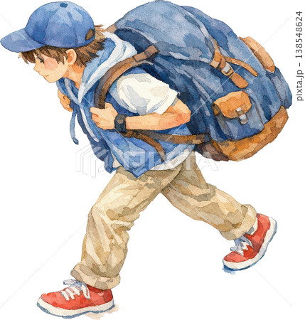 大きなリュックを背負い歩く少年 水彩イラスト 138548624