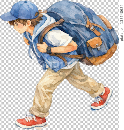 大きなリュックを背負い歩く少年 水彩イラスト 138548624