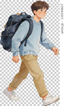 A watercolor-style illustration of a student boy walking with a backpack on, smiling. A watercolor-style illustration of a student boy walking with a backpack on, smiling. 138548627