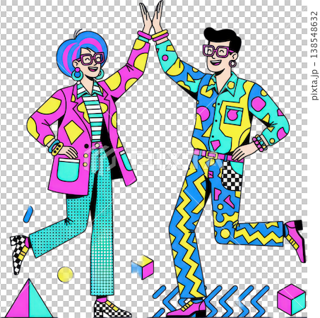 レトロポップなファッションでハイタッチする男女のイラスト レトロポップなファッションでハイタッチする男女のイラスト 138548632