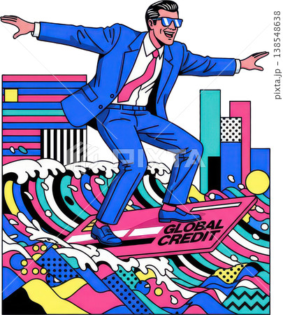 グローバルクレジットの波に乗るビジネスマン ポップアート風イラスト 138548638
