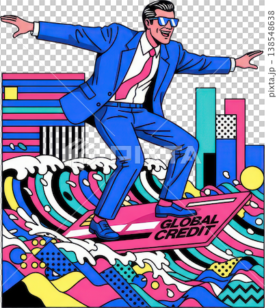 グローバルクレジットの波に乗るビジネスマン ポップアート風イラスト 138548638