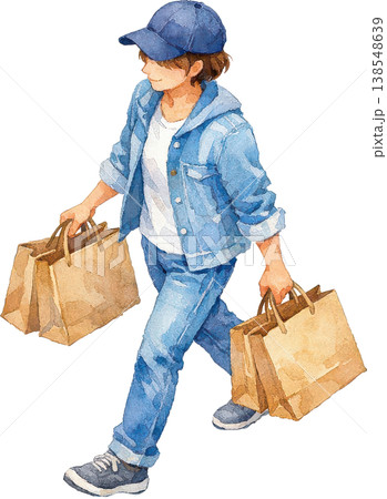 買い物帰り、デニムコーデで歩く人物の水彩イラスト 138548639