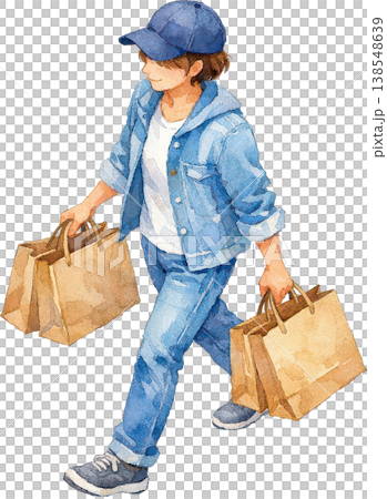 買い物帰り、デニムコーデで歩く人物の水彩イラスト 138548639