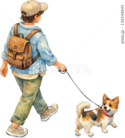 リュックを背負い犬の散歩をする子供とコーギー犬の水彩画 138548645