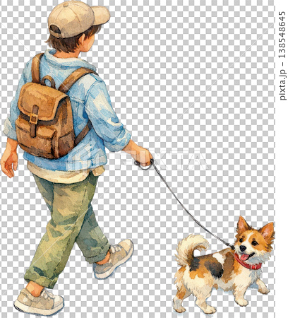 リュックを背負い犬の散歩をする子供とコーギー犬の水彩画 138548645