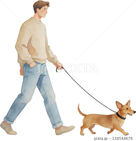 愛犬と散歩する若い男性の優しい水彩イラスト 138548678