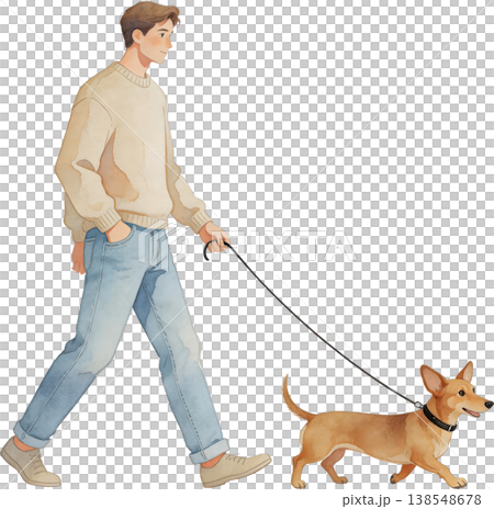 愛犬と散歩する若い男性の優しい水彩イラスト 138548678