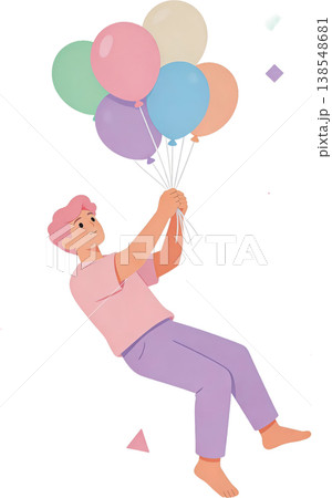 パステル風船を手に空に浮かぶ笑顔の若者イラスト 138548681