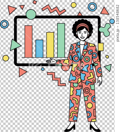 一位身穿時尚套裝的女士正在商務簡報中講解長條圖。 一位身穿時尚套裝的女士正在商務簡報中講解長條圖。 138548682