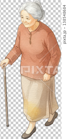 一幅柔和的水彩風格插畫，描繪了一位老婦人拄著拐杖平靜地行走。 138548684