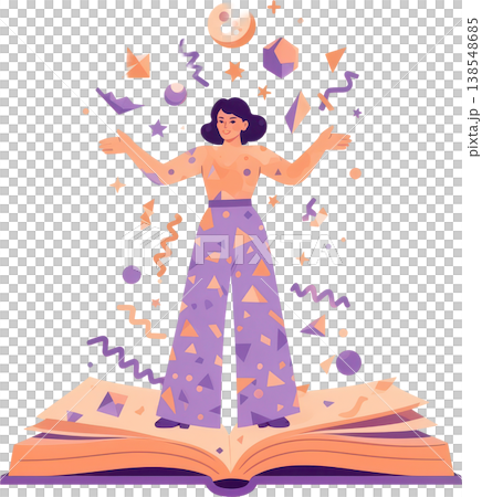 一幅描繪女性表達從書中展開的想像和知識世界的插圖。 138548685