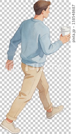 水彩插畫，描繪了一位手捧咖啡杯的年輕男子行走的情景。 138548687