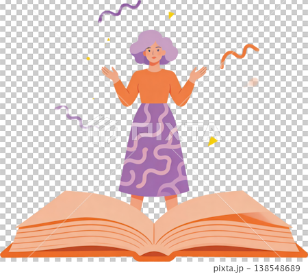 一幅描繪女性的插圖,象徵著打開的書本和知識。 一幅描繪女性的插圖,象徵著打開的書本和知識。 138548689