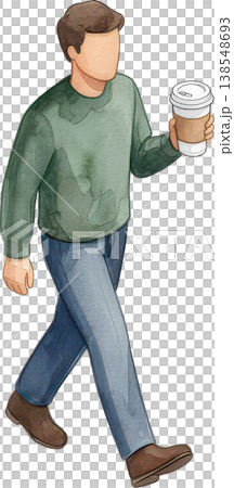 Watercolor illustration of a man walking with a coffee cup in his hand. Watercolor illustration of a man walking with a coffee cup in his hand. 138548693