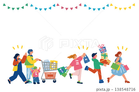 大勢の人々が日常の買い物を楽しむシーンのイラスト 138548716