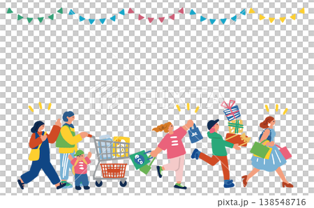 大勢の人々が日常の買い物を楽しむシーンのイラスト 138548716