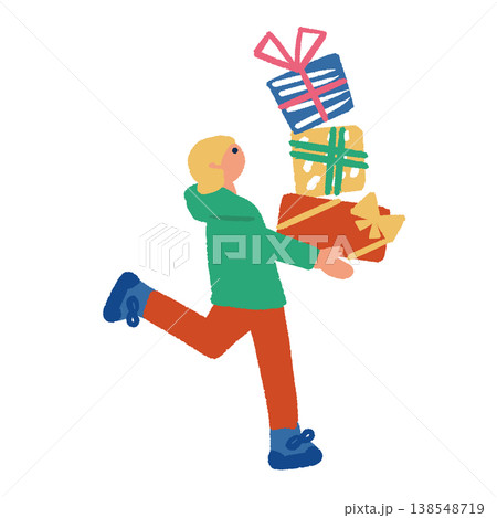 たくさんのプレゼントを持って歩く男性のイラスト たくさんのプレゼントを持って歩く男性のイラスト 138548719