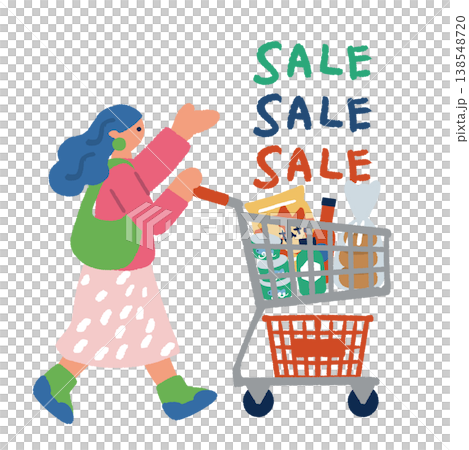 Illustration of a woman walking with a shopping cart. Illustration of a woman walking with a shopping cart. 138548720