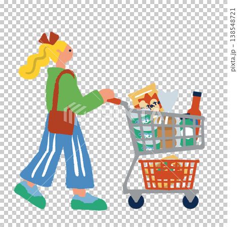 Illustration of a woman walking with a shopping cart. Illustration of a woman walking with a shopping cart. 138548721