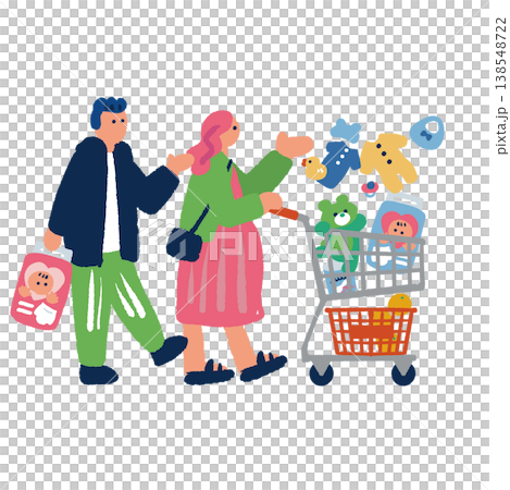 An illustration of a couple buying baby products with a shopping cart. An illustration of a couple buying baby products with a shopping cart. 138548722