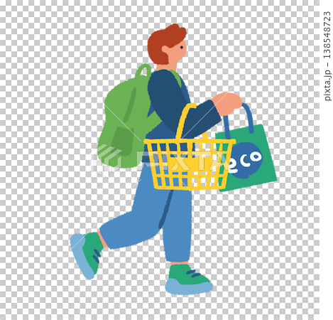 永續購物：一名男子手提環保袋和購物籃行走的插圖。 138548723