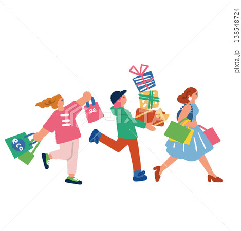 たくさん買い物をして歩く人々のイラスト 138548724