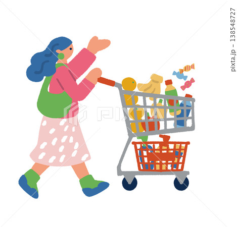サステナブルな買い物_エコバッグとショッピングカートを持って歩く女性のイラスト 138548727