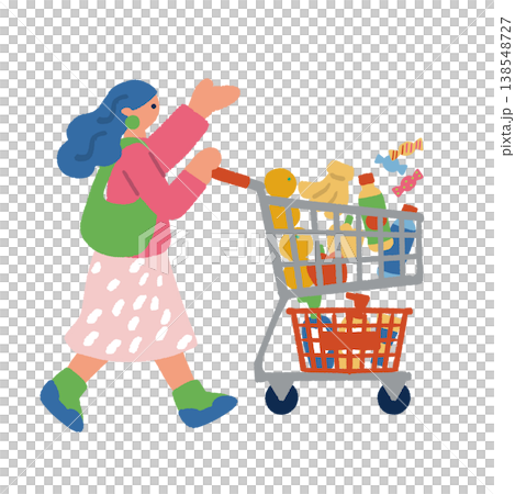 サステナブルな買い物_エコバッグとショッピングカートを持って歩く女性のイラスト 138548727