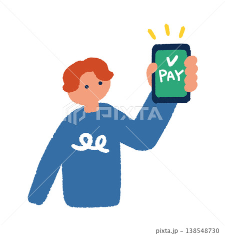 スマートフォンで支払い画面をかざす男性の上半身イラスト 138548730