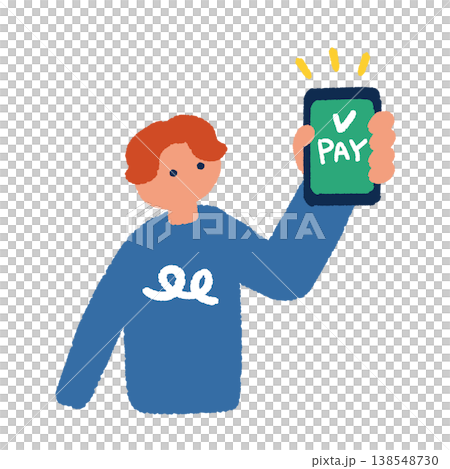 スマートフォンで支払い画面をかざす男性の上半身イラスト 138548730