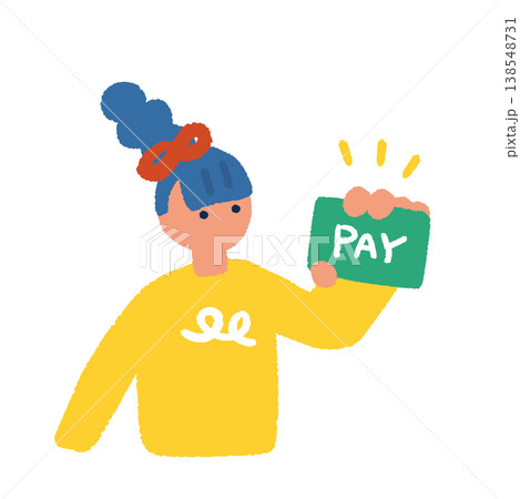 デビットカードやクレジットカードの支払いカードを持つ女性の上半身イラスト 138548731