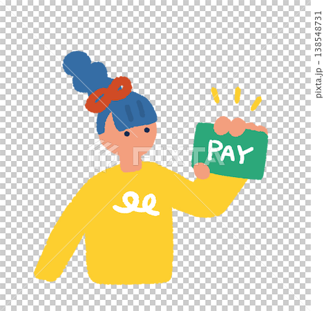 デビットカードやクレジットカードの支払いカードを持つ女性の上半身イラスト 138548731