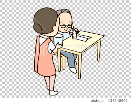 本を読んでいたシニアが薬を飲もうとしている。水を準備する女性 138548961