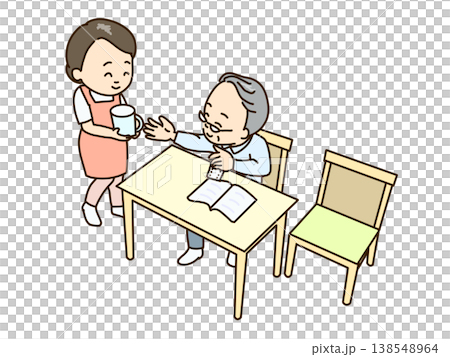 本を読んでいたシニアが薬を飲もうとしている。水を準備する女性 本を読んでいたシニアが薬を飲もうとしている。水を準備する女性 138548964