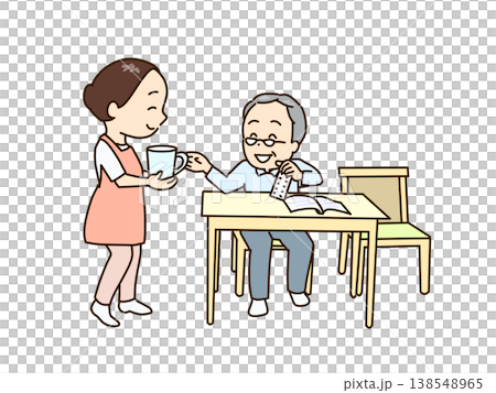 本を読んでいたシニアが薬を飲もうとしている。水を準備する女性 本を読んでいたシニアが薬を飲もうとしている。水を準備する女性 138548965