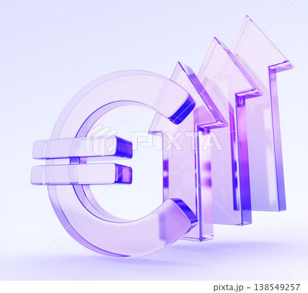 Hologram glass 3D Euro sign icon with growing up arrows. Purple transparent currency symbol on light blue background. Financial growth, increase profit, exchange rate, rising price. 3D illustration 138549257