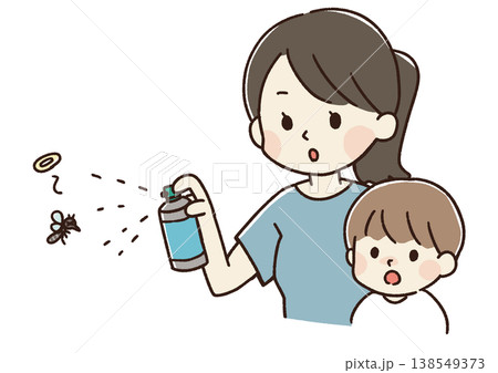 蚊に虫よけスプレーをかける親子のイラスト 138549373