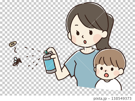 一幅插圖描繪了一位家長和孩子正在噴灑蚊子驅蚊劑的情景。 138549373