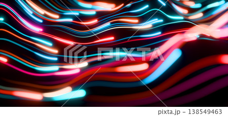 Neon color glowing speed lines 3D background. Vibrant electric red, orange and blue energy flow. Abstract dark bg with wave curve light trails motion blur effect for futuristic design. 3D illustration 138549463