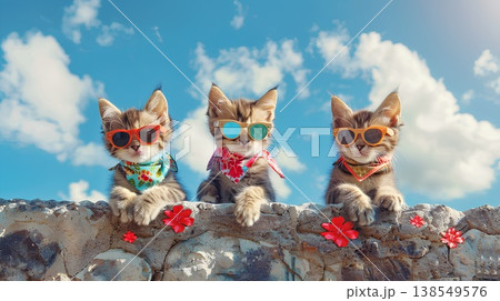 three cute cats wearing colorful bandanas and sunglasses, sitting on top of a stone wall with red flowers in their fur, against a background of a blue sky with fluffy clouds on a sunny day three cute cats wearing colorful bandanas and sunglasses, sitting on top of a stone wall with red flowers in their fur, against a background of a blue sky with fluffy clouds on a sunny day 138549576